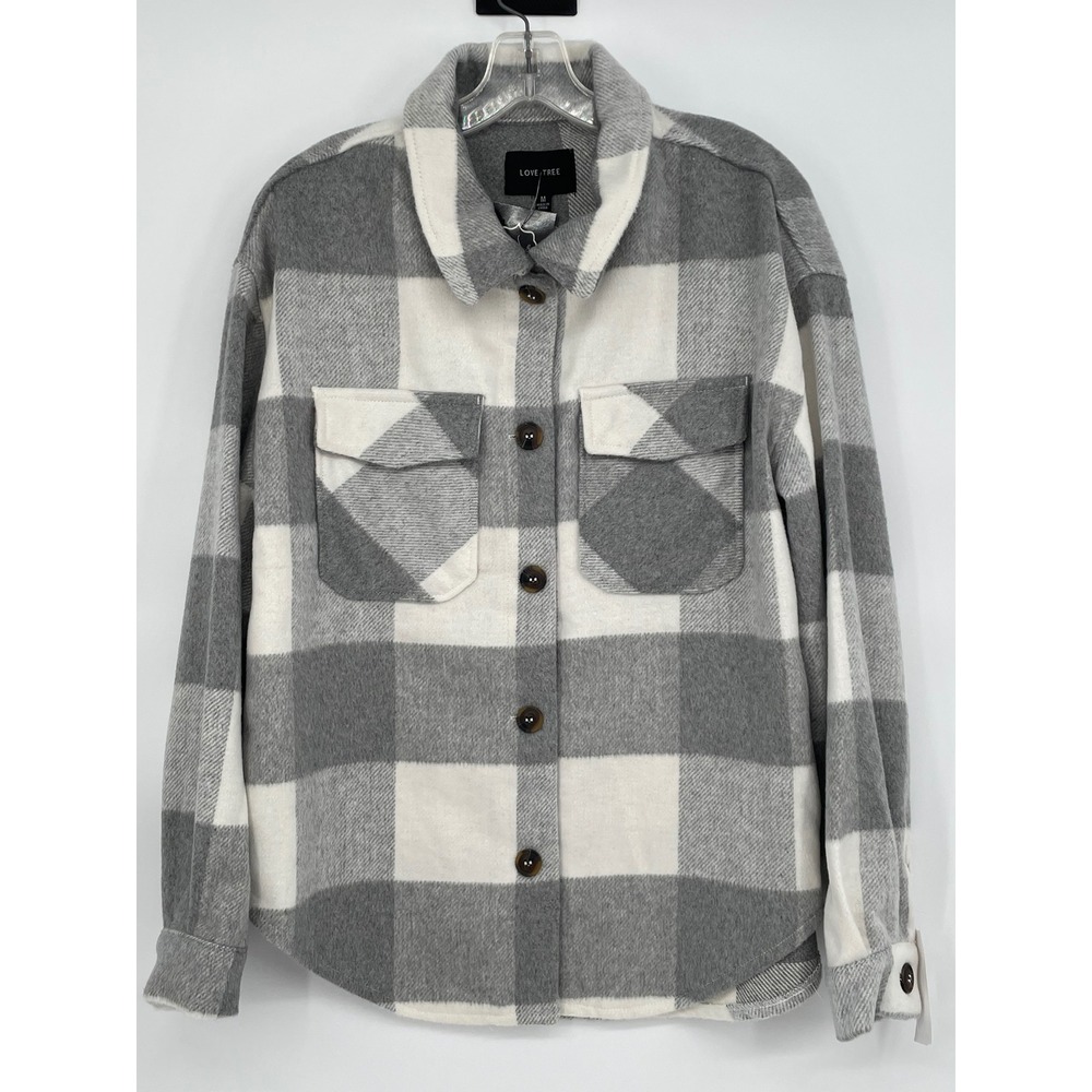 LOVE TREE Women's Plaid Button Up Shirt Jacket‎ Oversized Medium Gray White
